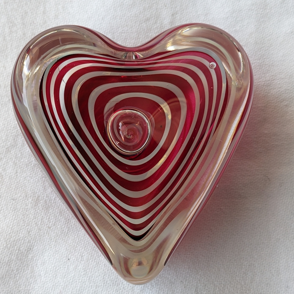 Rollin Karg Handblown Signed Art Glass Red White Swirl Heart Paperweight